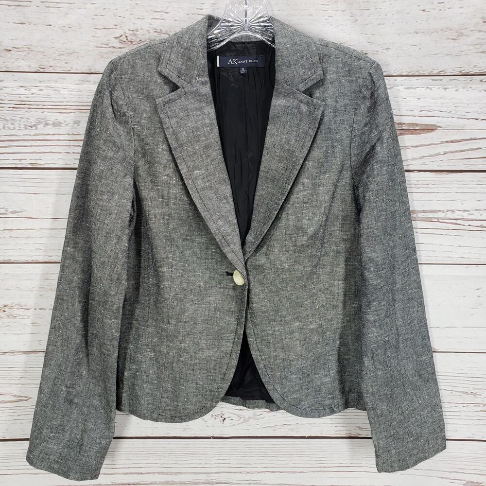 Anne Klein Women's Gray Linen Blend Single Button Blazer Jacket Size 10